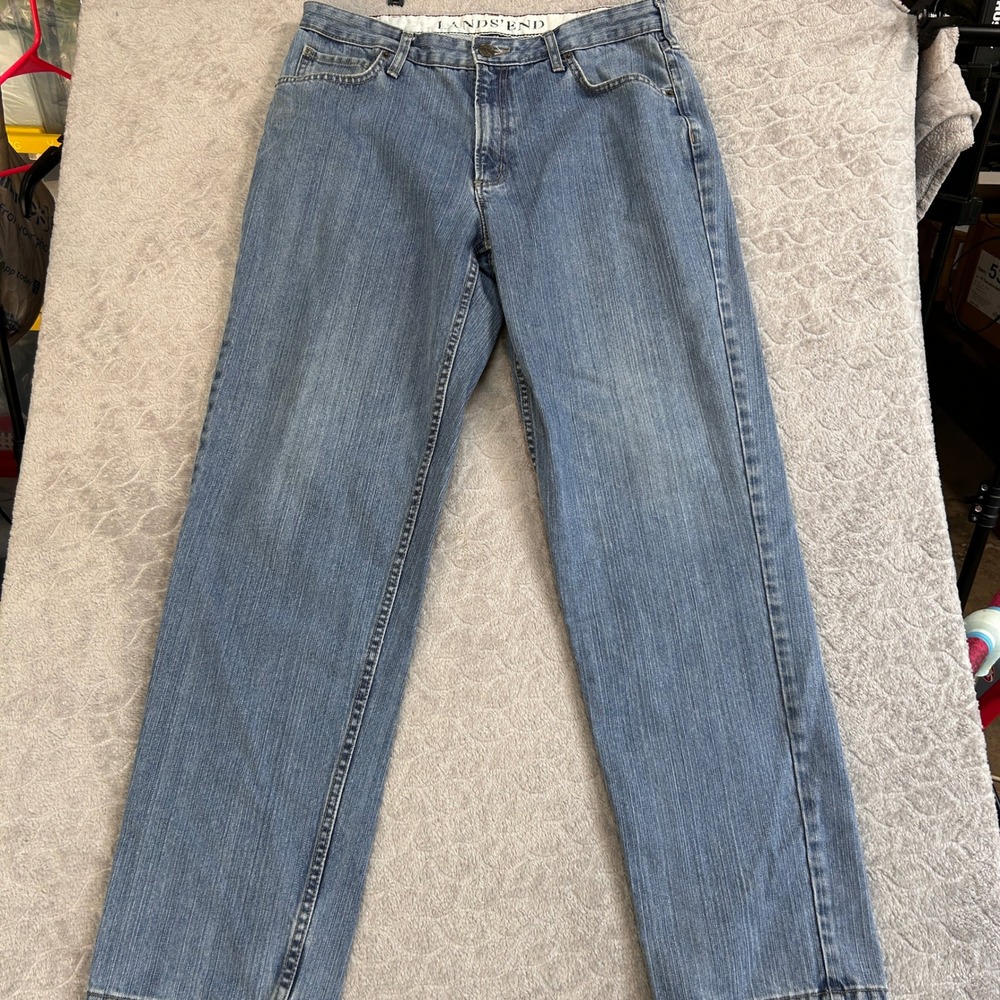 Lands End Mens 34‎ Traditional Fit Tapered Leg Jeans Medium Wash Blue Denim